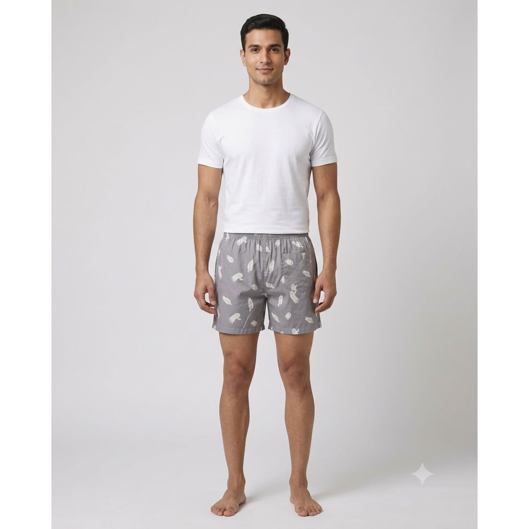 Quirky Doodle Print Lounge Shorts – Slate Grey